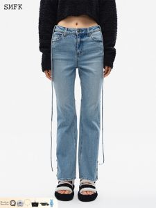 SMFK | Waist Rope High-Waisted Button Fly Blue Jeans