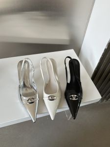 Elegant Simple Commute White High Heels Patent Leather Silver Color Womens Black Pointed Toe Sandals Spring Summer Fashion