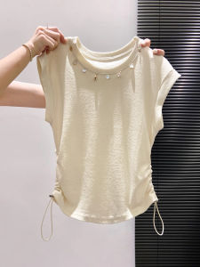 Womens round Neck Short Sleeve T-Shirt Embellished with Nails Pleated Waist Slimming Short Style Summer Elegant Beautiful Top