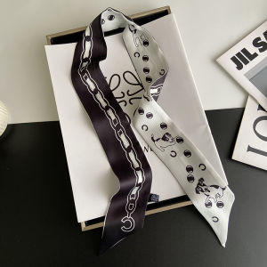 French Vintage Long Silk Scarf Womens Elegant Black Fashion Versatile Bag Tying Hairband Double Layer Decorative Small Necktie