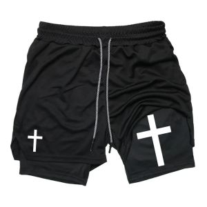 Cross Graphic 2-in-1 Workout Running Shorts for Men Christian Gym Performance Shorts with Phone Pocket Towel Loop Active Wear