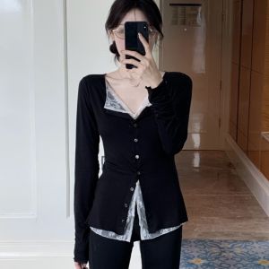 VKSOD | Fashionable Long Sleeve Lace Patchwork Womens Slim Fit Open Cardigan Early Autumn Casual Style Wood Grain Edge Two-Piece Set