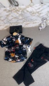 Setelan Kemeja Motif Pantai & Celana Denim Cargo Hitam Panjang Usia Anak 1-12 Tahun