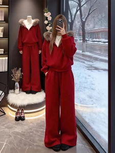 XUECAIQI | Red Warm Winter Fashion Set Hooded Fluffy Coat & Wide Leg Pants