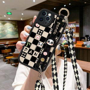 Creative Grid Panda Phone Case for iPhone 16 17 15 13 pro Max 12 Mini Anti-Fall Protection Strap Womens Style TPU Material