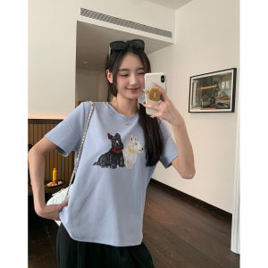 Áo Thun Cotton Chống Khuẩn 7A in Hình Chú Chó Tay Ngắn Mùa Hè Dáng Rộng Phong Cách Mỹ Màu Đen Vai Áo Thường