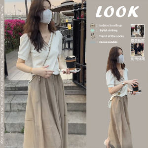 Summer Fashion Womens Clothing: Sweetheart Milk System Matching Set Short Sleeve V-Neck High Waist A-Line Skirt Two-Piece Set