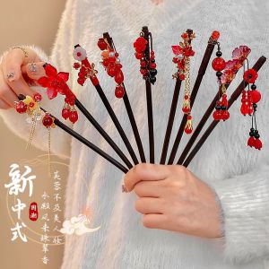 Chinese Style Wooden Tassel Hairpin for Women Vintage Flower Hair Stick Antique Hanfu Headwear