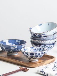 Japanese Style Ceramic Bowl Set Blue Painted Moving Gift Small Bowl Dining Utensils Set Porcelain Floral Pattern Underglaze Color