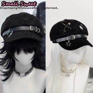 Harajuku Gothic Women Y2k Girl Grunge Punk Rivet Leather Button Beret Hats Chic Streetwear Goth Lolita Cross Star Rock Caps