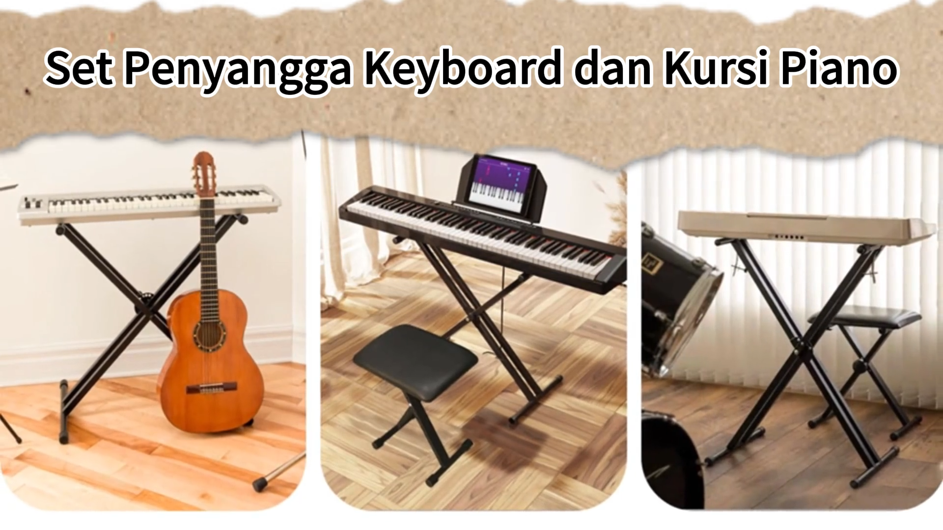 Keyboard & Bangku Set Upgrade Dudukan Keyboard Double-X Tugas Berat Dudukan Piano Digital yang Dapat Disesuaikan & Portabel dengan Tali Pengunci