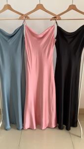D10013 Drape Neck Silky Long Tank Dress