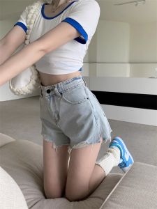 High Waist Blue Denim Short Shorts Womens Summer New Style Torn Hole Frayed Edge Casual Wide Leg Pants Anti-Wrinkle Form-Fitting