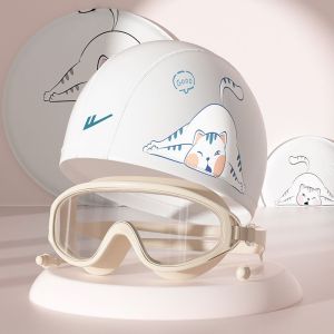 HUIESON หมวกว่ายน้ำพิมพ์แมวน่ารักและชุดแว่นตาสำหรับผู้ใหญ่