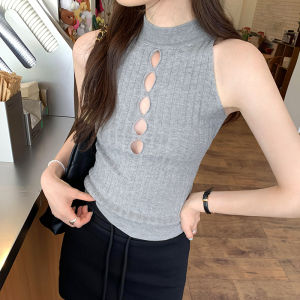 Thai Style Sleeveless Black Hot Girl Hollow out Knitted Vest Women Summer 2025 New Music Festival Clothing Small Vest