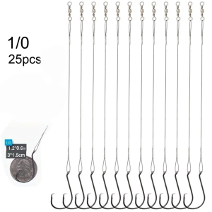 25pcs Saltwater Circle Hooks with Steel Wire Leader 10/0-1/0 Steel Circle Hook Rigs Circle Fishing Hooks Rig for Catfish Bass