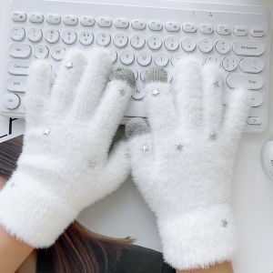 ถุงมือกันหนาว5ถุงมือแบบเปิดครึ่งนิ้วถุงมือกันหนาวสำหรับผู้หญิงกลางแจ้งขี่จักรยานถุงมือขนมิงค์ผ้ากำมะหยี่สีทึบฤดูหนาว