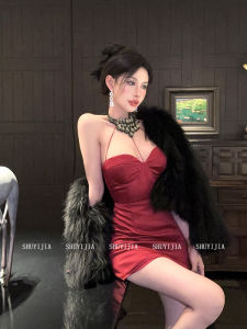 Syj Pure Desire French Style Diamond Embedded Neckline Dress Womens Slim Fit Wrap around Waist High Waist Short Skirt