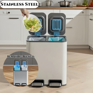 20L + 20L Double trash can with lid trash can and recycling bin combination for kitchen hands-free stainless steel trash can with 2 compartments hinged lid odor filter