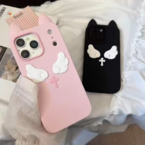 3D Cat Ear Wings Silicone Phone Case for iPhone 13 14 15 16 17 Pro Max Casing Soft Silicone Cover for iPhone 17 Case