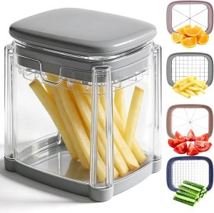 LMETJMA 4 in 1 French Fry Cutter Potato Slicer with Container Manual Vegetable Chopper with 4 Blades Potato Cutter for Fries