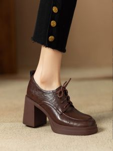 Soft Thick Heel Single Shoes Womens Genuine Leather Bow Tie Chunky Heel Small Leather Shoes Spring Autumn New round Head Brown High Heels