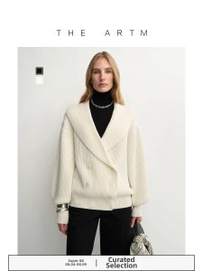 Merino Wool Big Lapel Double Breasted Knit Cardigan Bell Sleeve