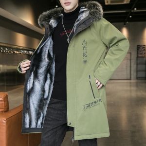 ROMON | Lormen Mens Parka Coat Autumn Winter New Style Hooded Fur Collar Mid-Length Fashionable Fleece-Lined Cotton Jacket Trendy