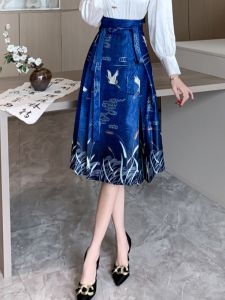 Classical Chinese Style High Waist Midi Half Skirt Traditional Hanfu Skirt Eight Parts Horse Face Design for Women