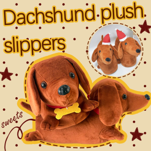 2025 New Christmas Dachshund Plush Slippers Kawaii Cartoon Dog Brown Stuffed Shoes Indoor Animals Shoe Christmas Birthday Gifts