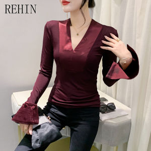 REHIN Autumn and winter new fashion V-neck spliced mesh long-sleeved T-shirt top elegant slim fit blouse for women
