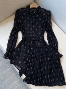 European Goods Black Slimming Youthful-Looking Idle Style Fancy Floral Sun-Proof Set Womens Summer Shirt Short Skirt Two-piece Set