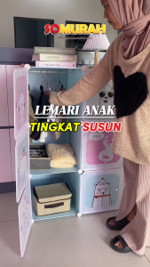 Lemari Pakaian Portable Karakter Animal 4 Pintu Tempat Penyimpanan Baju Celana Buku Tas Boneka Anak Serbaguna