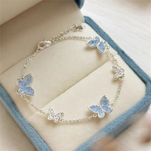 Light Luxury Shiny Zircon Butterfly Bracelet For Women Blue Rhinestone Double Butterfly Necklace Earring Set Girls Party Jewelry