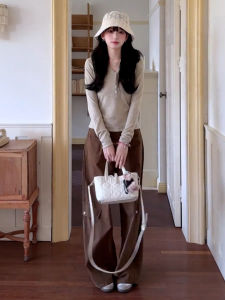 Womens V-Neck Long Sleeve T-Shirt Korean Style Base Layer Shirt Inner Wear Top Casual Loose Fit Standard Size Autumn Fashion