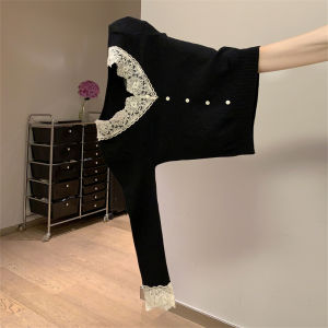 Chinese Style Lace Splice V-Neck Knitted Sweater Womens Base Shirt Autumn Winter High-End Feeling Organic Cotton Commute Style