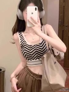 Summer New Style Knitted Black Apricot Stripe Mini Strap Vest Womens Inner Wear Slim Fit Spicy Short Top Outerwear