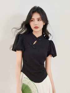 เสื้อเชิ้ตแขนสั้นสไตล์จีนใหม่สำหรับผู้หญิงในช่วงฤดูร้อน เสื้อเชิ้ตผู้หญิงสไตล์จีนแบบใหม่ที่ปรับปรุงมาใหม่พร้อมกระโปรงทรงม้า