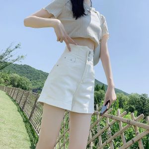 White High Waist Denim Shorts Women Summer Slimming Tummy Covering Button American Hot Girl Casual Trendy INS Cotton Stretch Denim