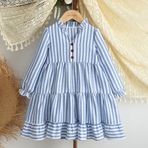 Gấu lãnh đạo mùa thu mới ngọt ngào và dễ thương của cô gái ăn mặc giản dị sọc xanh v-cổ Đầm dài tay thời trang đơn giản trang phục trẻ em