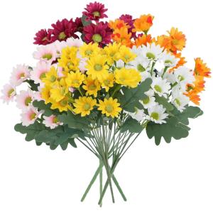 Artificial Sunset Mums Flowers Waterproof Fake Fall Flowers for Outdoor Garden Patio Home Planters Autumn Decorations(5 Bundle)