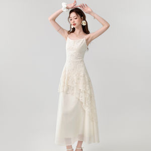 ชุดเดรสยาวคอวีแขนกุดผ้าฝ้ายผสมปักลายสไตล์ฝรั่งเศสสำหรับเด็กผู้หญิง ชุดเดรสยาวสำหรับวันหยุดชายหาด ชุดเดรสยาวทรงเอ