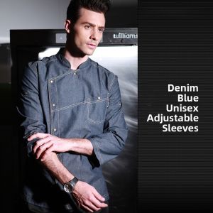 Mens Chef Workwear Long Sleeve Denim KitchenUniform Fall Winter Fashionable U-Neck Shirt Polyester Cotton Blend Workwear