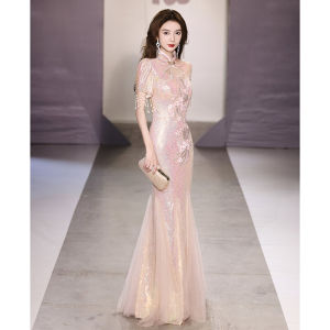 Elegant Chinese Cheongsam Evening Gown Sparkling Sequins High-End Luxury Custom-Made Pink Adult Ball Retro Style Long Dress