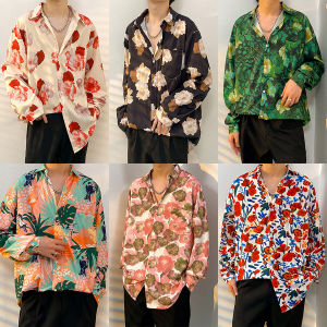 ฤดูใบไม้ร่วง เสื้อเชิ้ตลายดอกไม้แขนยาวผู้ชาย Retro Draped Print ลำลอง หลวม Fit Teen ทันสมัย เสื้อเยาวชน Pop Sharp Style Shirt