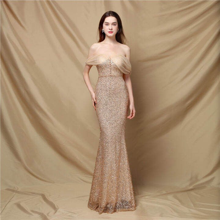 Women Elegant Off Shoulder Luxury Evening Dress Sequin Mermaid Dress Spaghetti Straps Silver Beading Long Party Dress New Lazada PH