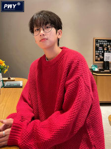 เสื้อสเวตเตอร์คอตั้งทรงหลวมสำหรับผู้ชาย ทรงหลวม สีแดง หนา ขนแกะ แฟชั่นฤดูใบไม้ร่วง/ฤดูหนาว เสื้อผ้าทำงาน คอกลม