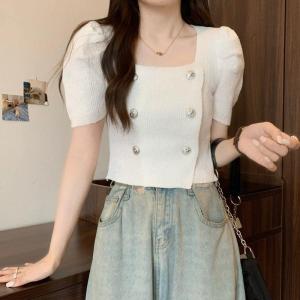 French Style Square Collar Short Sleeve T-Shirt Womens Summer New Double Button Design Sensation Small Fragrance Style Slim Fit Versatile Short Top