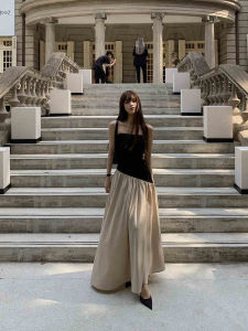 ชุดเดรสยาวเก๋ไก๋สไตล์ฝรั่งเศสเซ็กซี่ เดรสยาวคลุมไหล่ กระโปรงทรงเอ ผ้าฝ้ายผสม ฤดูใบไม้ผลิ ฤดูร้อน ฤดูใบไม้ร่วง ฤดูหนาว