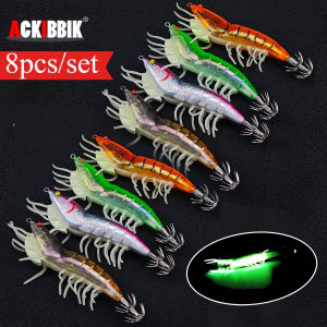 Ackibbik 8pcs/set 12cm/ 27g Luminous Squid Jig Hook Shrimp Prawn Lure Artificial Fishing Supplies Octopus Fishing Accessories